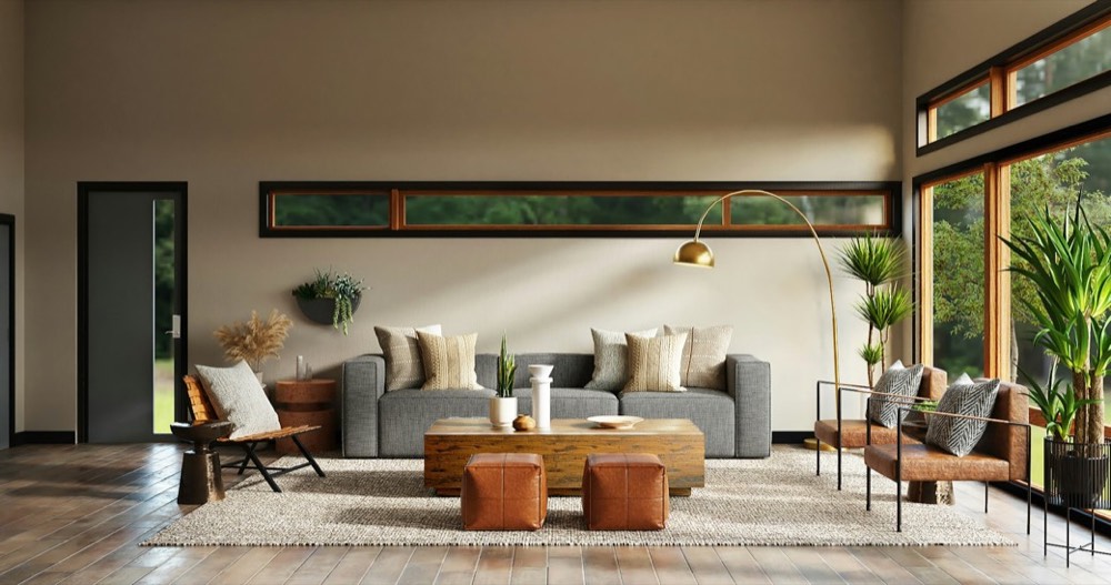 Modern living room with a grey sofa, oak table and warm natural light