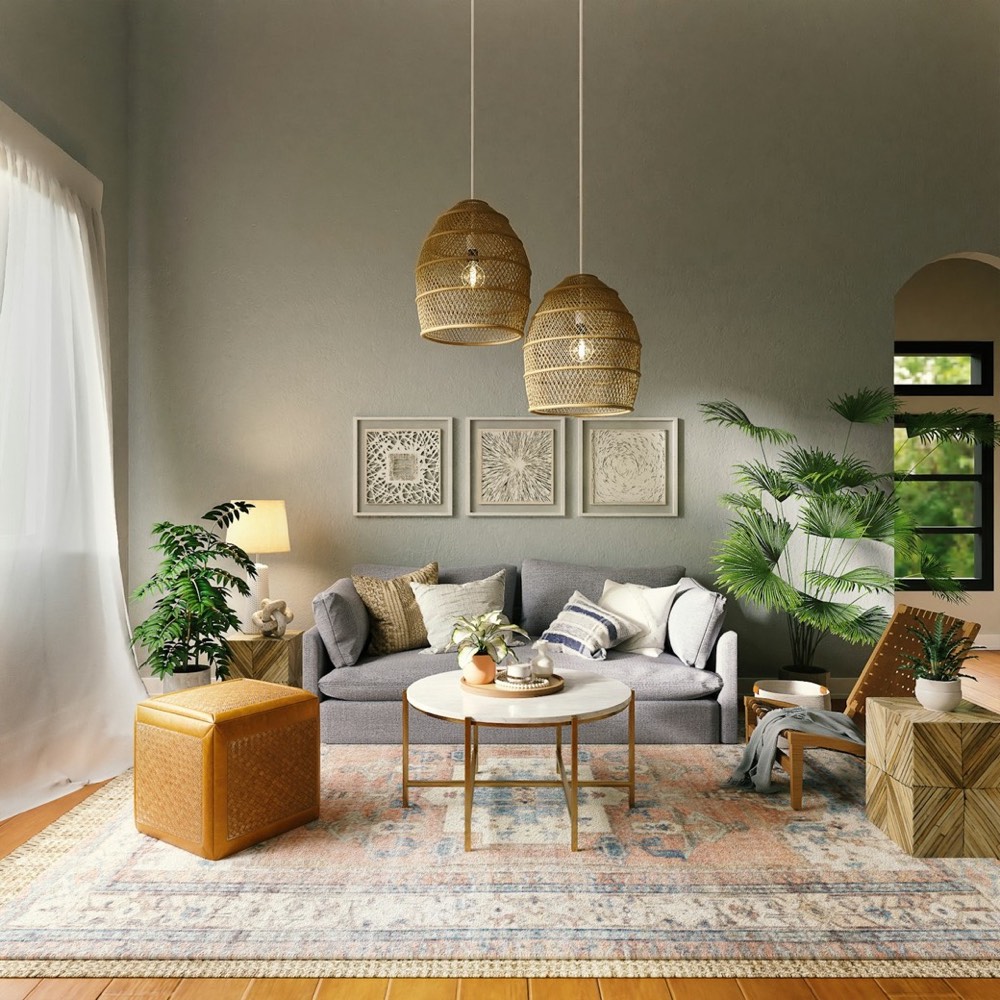 Sage green lounge with rattan pendant lights and plants