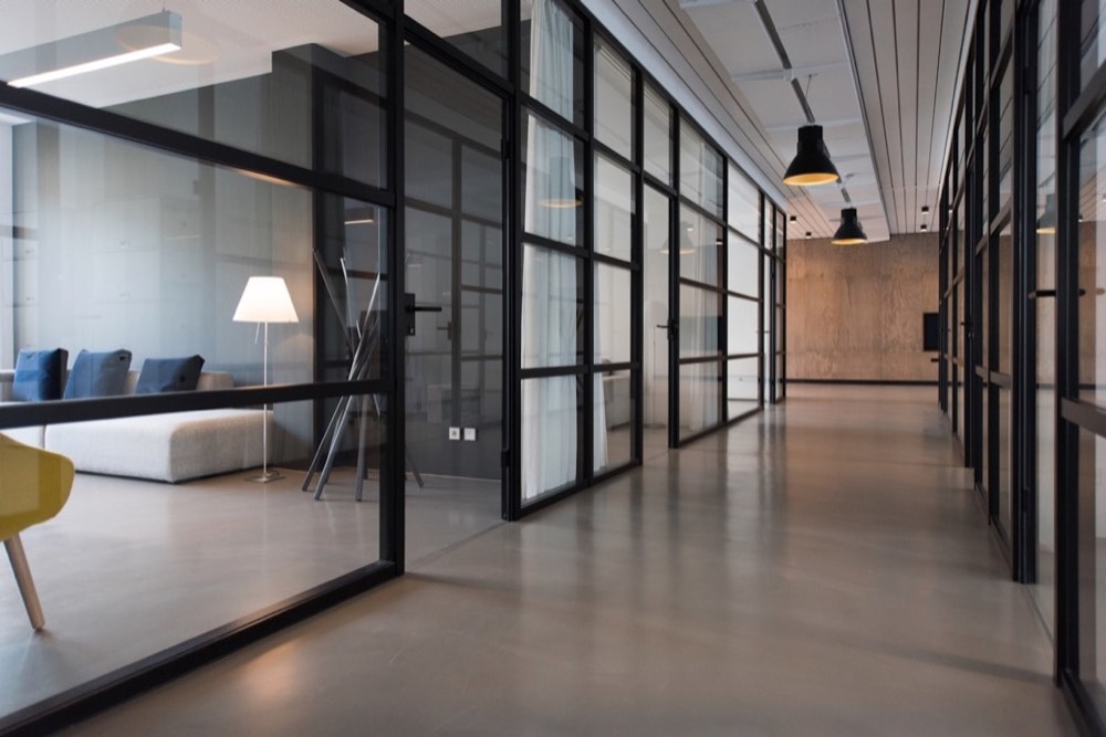 Office with black framed glass partitions